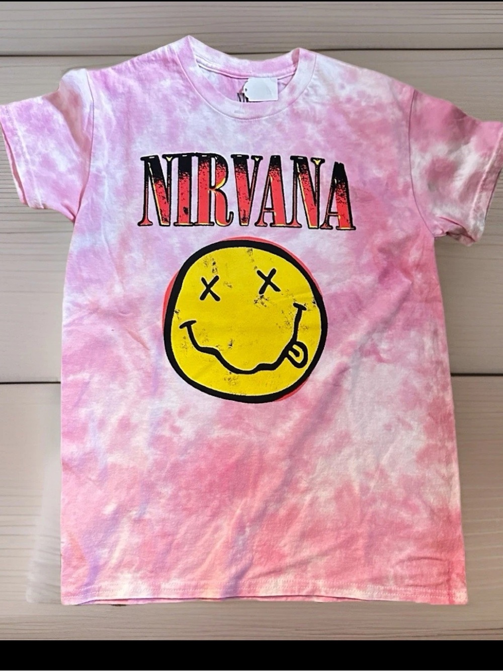 NIRVANA Pink Tie-Dye  Tee with Yellow Smiley new adult